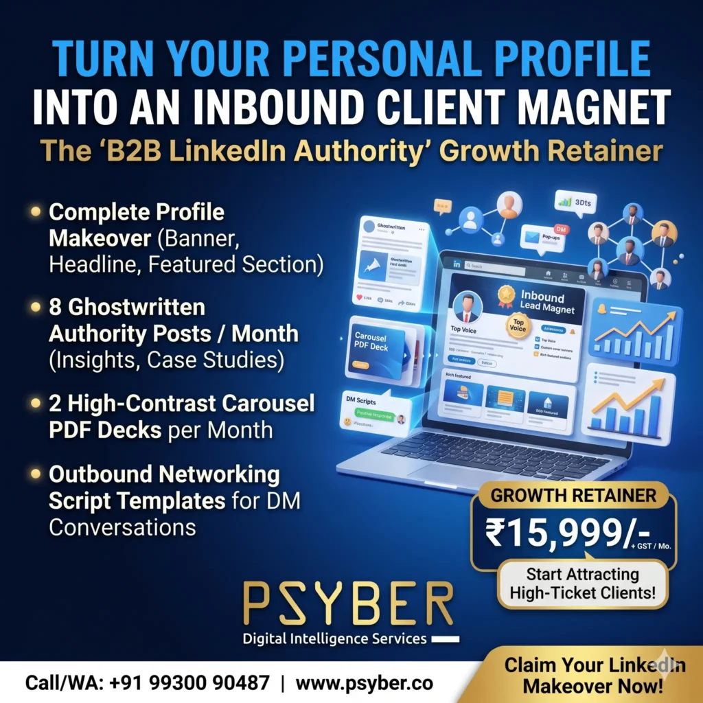 How B2B Founders Turn LinkedIn Into an Inbound Client Magnet 2%psyber Inc% B2B LinkedIn Authority Growth Retainer by Psyber, ₹15,999 + GST / month