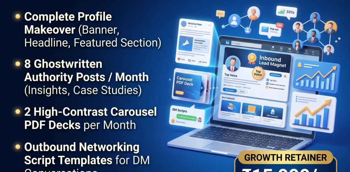 How B2B Founders Turn LinkedIn Into an Inbound Client Magnet 1%psyber Inc% B2B LinkedIn Authority Growth Retainer package by Psyber, ₹15,999 + GST / month