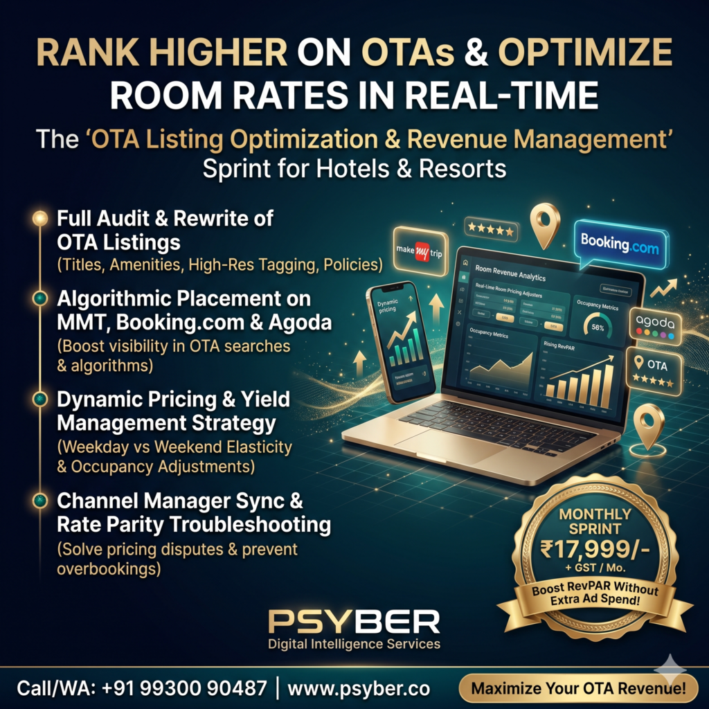 How to Rank Higher on MakeMyTrip, Booking.com and Agoda 2%psyber Inc% OTA Listing Optimization & Revenue Management Sprint by Psyber, ₹17,999 + GST / month