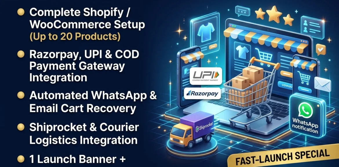 Take Your Shop Online in 7 Days: The E-Commerce Fast-Launch Checklist 1%psyber Inc% E-Commerce Fast-Launch Kit (Shopify / WooCommerce) package by Psyber, ₹19,999 + GST