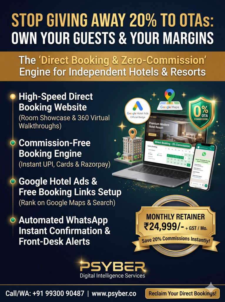 How Hotels Increase Direct Bookings and Cut OTA Commissions 2%psyber Inc% Direct Booking & Zero-Commission Engine by Psyber, ₹24,999 + GST / month