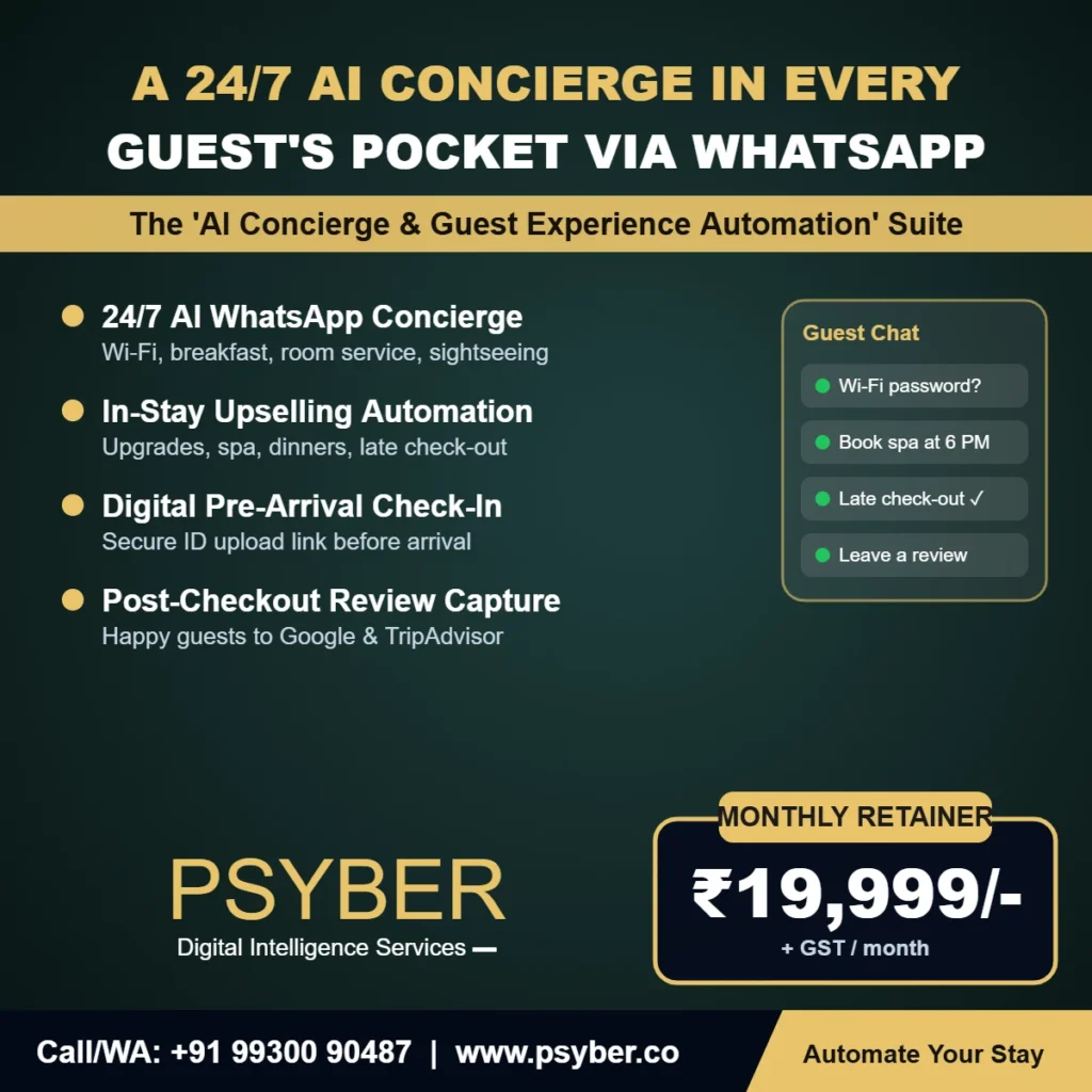 AI WhatsApp Concierge for Hotels: Happier Guests and More In-Stay Revenue 2%psyber Inc% AI Concierge & Guest Experience Automation Suite by Psyber, ₹19,999 + GST / month