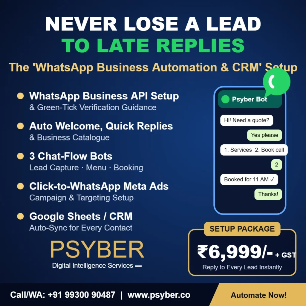 WhatsApp Business Automation: Reply to Every Lead Instantly (Setup Guide for Indian Businesses) 2%psyber Inc% WhatsApp Business Automation & CRM Setup by Psyber, ₹6,999 + GST