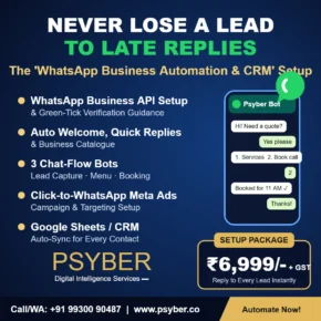 WhatsApp Business Automation & CRM Setup package by Psyber, ₹6,999 + GST